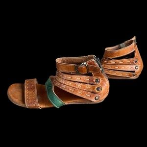 Bed Stu Artemis Sandal Brown Green Caged Gladiator Back Zip Strappy Boho Sz 9